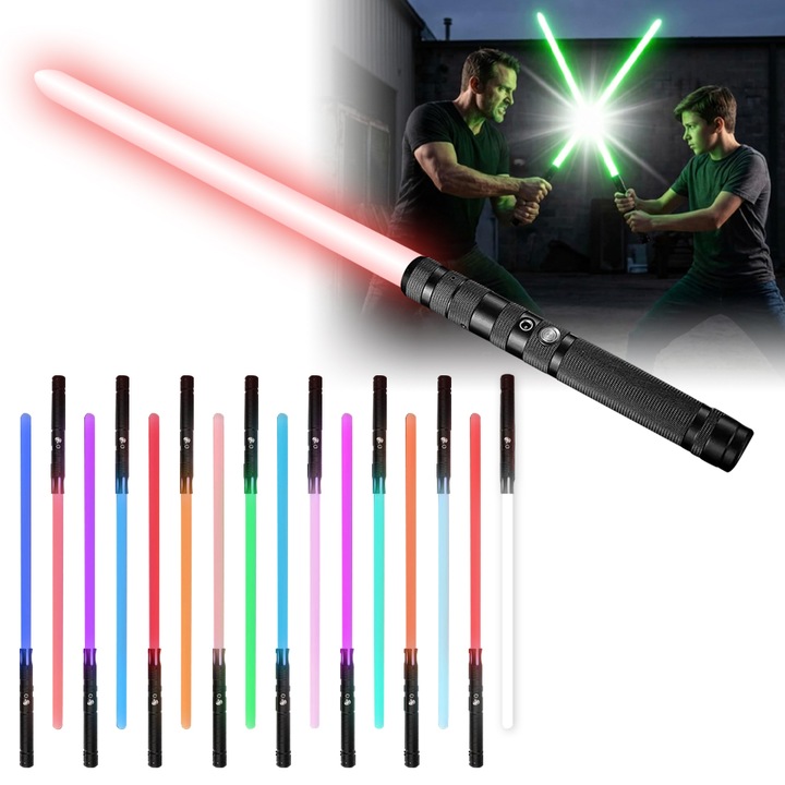 Sabie laser Star Wars, maner metalic, 16 schimbari de culoare, efecte sonore, senzor de miscare, sabie laser retractabila cu LED, reincarcabila prin USB, sabie laser de jucarie, negru