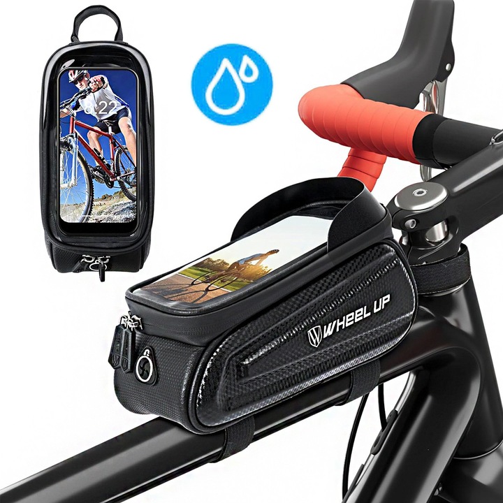 Geanta pentru cadru de bicicleta, YOUKUKE®Negru, Dimensiuni 9, 5x23x13 cm, Geanta de bicicleta cu suport telefon, Impermeabil, Pentru ciclism, MTB, Asamblare rapida, Parasolar