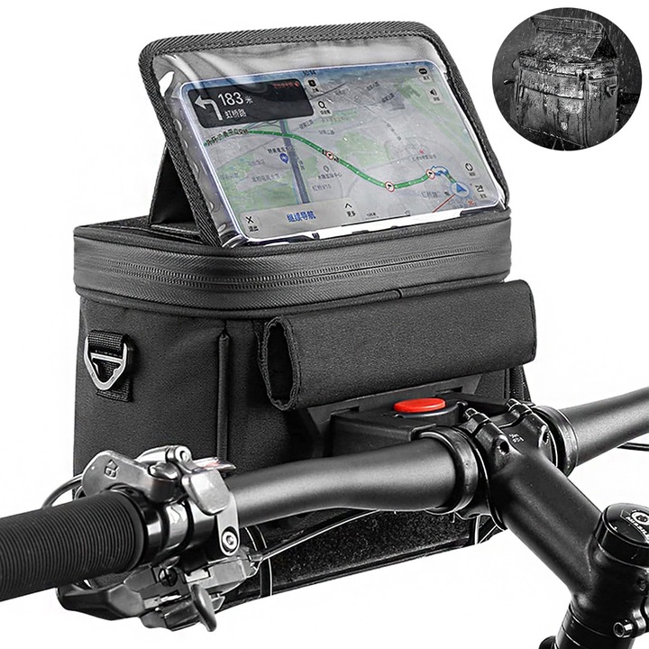 Geanta impermeabila pentru bicicleta, YOUKUKE®, Cu Montare Pe Ghidon, Husa Telefon Inclusa, Compatibila Cu Telefoane 20x12,5 cm, 5 L, EVA/TPU, Negru