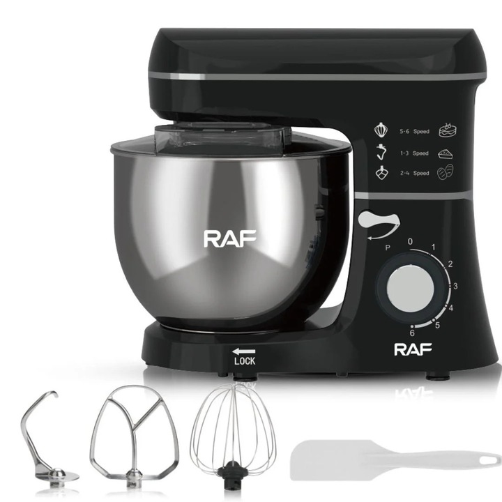 Robot de Bucatarie Vivendo® 3-in-1, Motor 1100W, 6 Viteze, Bol Inox, Framantare, Mixare si Batere, Accesorii Incluse, Stabil si Modern, 6.0L