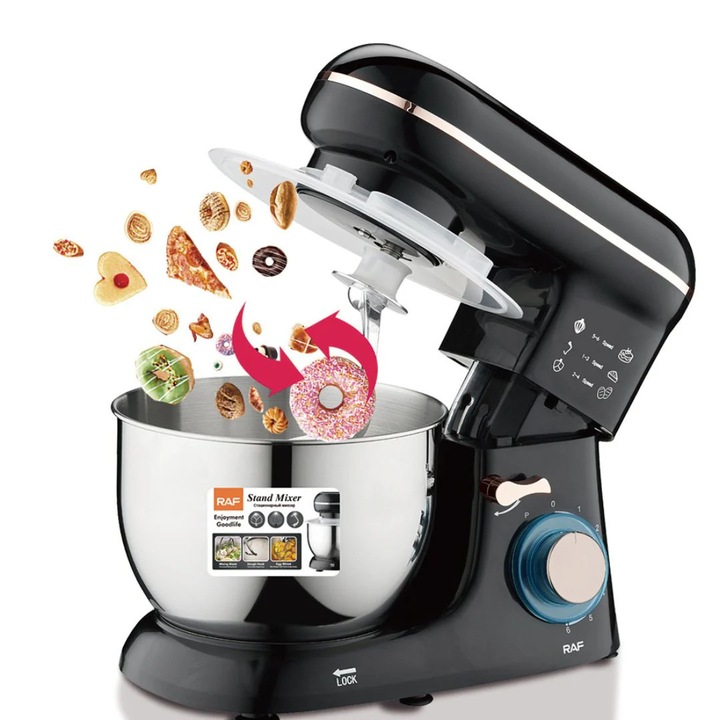 Кухненски робот Vivendo® 3-в-1, Мотор 1100W, 6 скорости, Купа от неръждаема стомана, За месене, миксиране и разбиване, Включени аксесоари, Стабилен и модерен, 5.5L