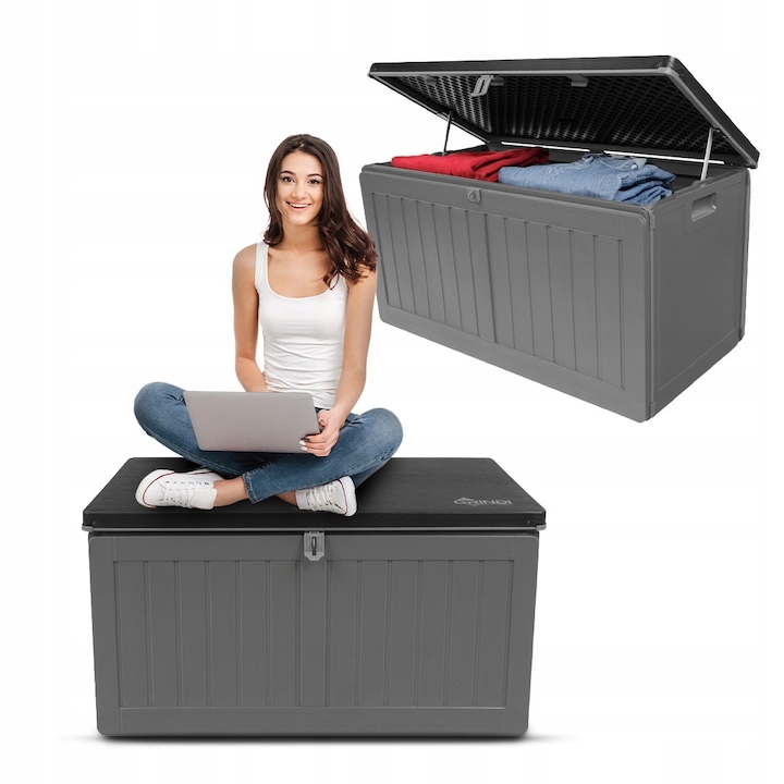 Lada depozitare gradina, Grindi, Capacitate 190 L, Material Polipropilena, Sarcina Maxima Capac 100 kg, Functie De Banca Pentru Sezut, Rezistent La Apa, Calitate Inalta, 96 x 46 x 49 cm, Gri Inchis