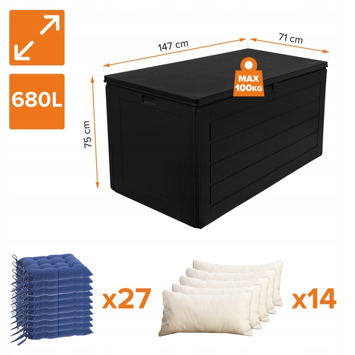 Lada depozitare gradina, Grindi, Capacitate 680 L, Material Polipropilena, Sarcina Maxima Capac 100 kg, Functie De Banca Pentru Sezut, Rezistent La Apa, Calitate Inalta, 147 x 71 x 75 cm, Negru