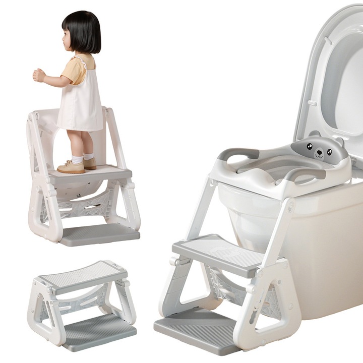 Scaun de antrenament la olita 2-in-1 pentru copii, cu treapta, protectie impotriva stropirii, scara stabila, pad antiderapant si inaltime reglabila