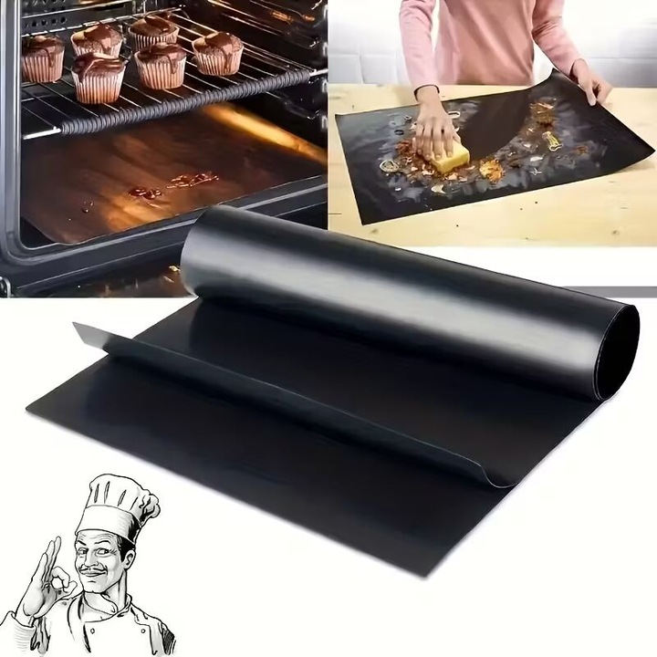 1 buc covorase teflonate antiaderente pentru gratar si cuptor, negru, 40x33 cm