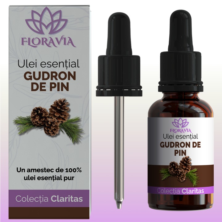 Ulei Esential Floravia, Gudron de Pin, 10ml, 100% Pur si Natural, Dezinfectant Puternic, Respiratie Libera, Miros Lemnos