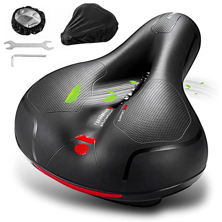 YOUKUKE®Ergonomic si lung, spuma cu memorie de 5 cm, ventilatie centrala, amortizare dubla, impermeabila, universala, ultra confort pentru MTB, trekking si bicicleta de oras, negru