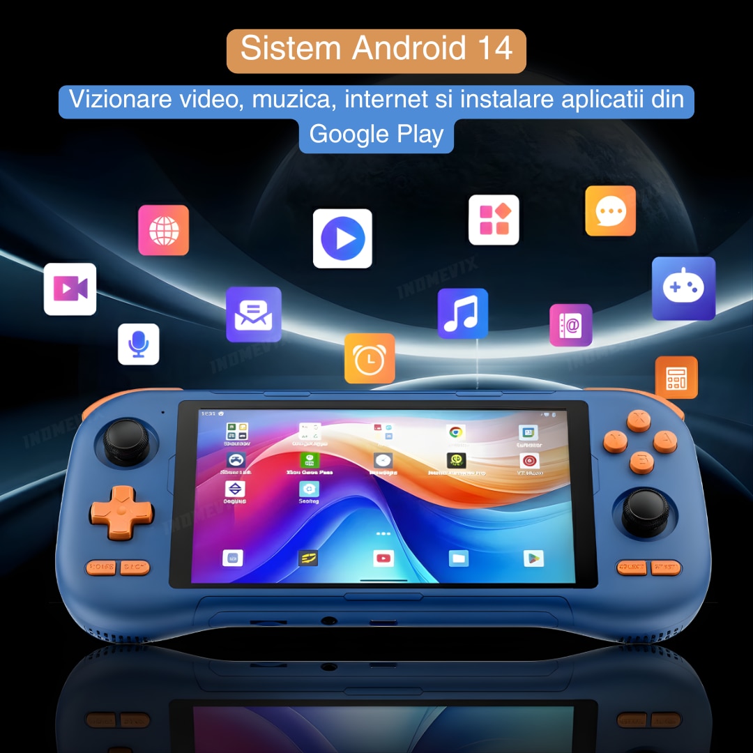 Consola Gaming Android 14 INOMEVIX®, Ecran IPS 5.5", Octa-Core, 6GB RAM, 128GB, peste 25.000 jocuri, emulare PS2/PSP/retro, compatibilitate Google Play, WiFi 5G, streaming PC cu Moonlight si Steam Link, Consola jocuri adulti si copii, Consola portabila