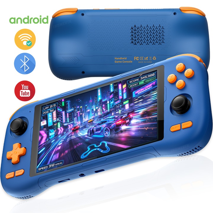 Consola Gaming Android 14 INOMEVIX®, Ecran IPS 5.5", Octa-Core, 6GB RAM, 128GB, peste 25.000 jocuri, emulare PS2/PSP/retro, compatibilitate Google Play, WiFi 5G, streaming PC cu Moonlight si Steam Link, Consola jocuri adulti si copii, Consola portabila