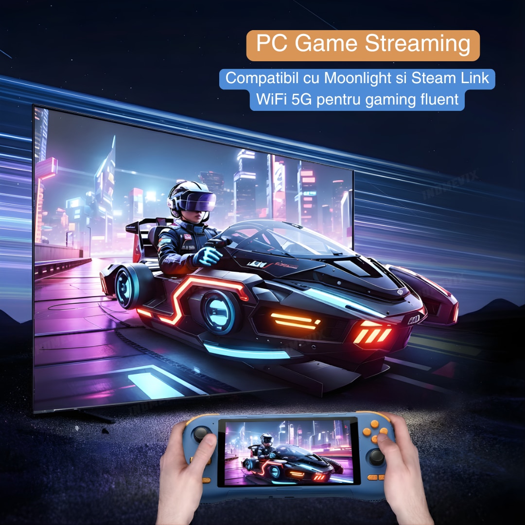Consola Gaming Android 14 INOMEVIX®, Ecran IPS 5.5", Octa-Core, 6GB RAM, 128GB, peste 25.000 jocuri, emulare PS2/PSP/retro, compatibilitate Google Play, WiFi 5G, streaming PC cu Moonlight si Steam Link, Consola jocuri adulti si copii, Consola portabila