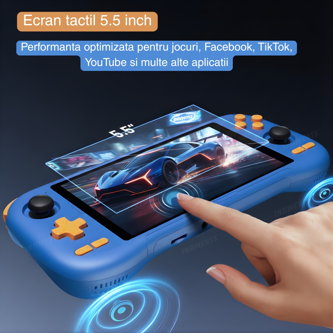 Consola Gaming Android 14 INOMEVIX®, Ecran IPS 5.5", Octa-Core, 6GB RAM, 128GB, peste 25.000 jocuri, emulare PS2/PSP/retro, compatibilitate Google Play, WiFi 5G, streaming PC cu Moonlight si Steam Link, Consola jocuri adulti si copii, Consola portabila