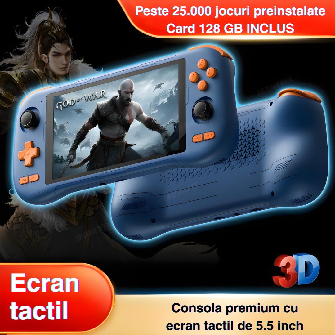 Consola Gaming Android 14 INOMEVIX®, Ecran IPS 5.5", Octa-Core, 6GB RAM, 128GB, peste 25.000 jocuri, emulare PS2/PSP/retro, compatibilitate Google Play, WiFi 5G, streaming PC cu Moonlight si Steam Link, Consola jocuri adulti si copii, Consola portabila
