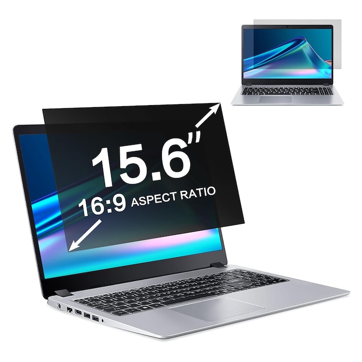 Filtru de confidentialitate pentru monitor, asskanaer, Set de unelte, Detasabil, Reducerea luminii albastre, Rezistent la murdarie, Aprotective UV, Anti-zgaraieturi, Anti-amprenta, Pentru laptop de 15.6 inci 16:9, PET, 34.5 x 19.5 cm, Transparent