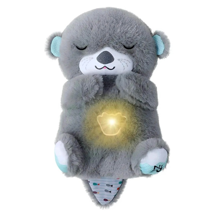 Vidra Plüssjáték / Szürke Vidra, Interaktív, 30 cm, Alvásjavító Funkció, Légzésutánzás, Rezgések, Nyugtató Zene és Meleg Fény