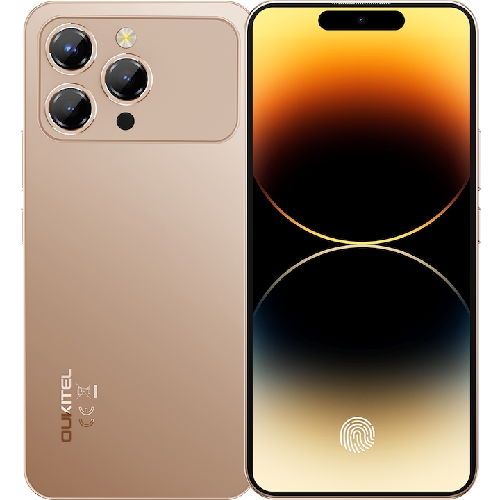 Мобилен телефон Oukitel P1 Pro, 4G, Dual SIM, Octa-Core Helio G100, 6.7-инчов AMOLED FHD+ 120Hz, 32GB RAM / 512GB, Dynamic Island, Вграден в дисплея пръстов отпечатък, 5150mAh, NFC, Android 15, Златен