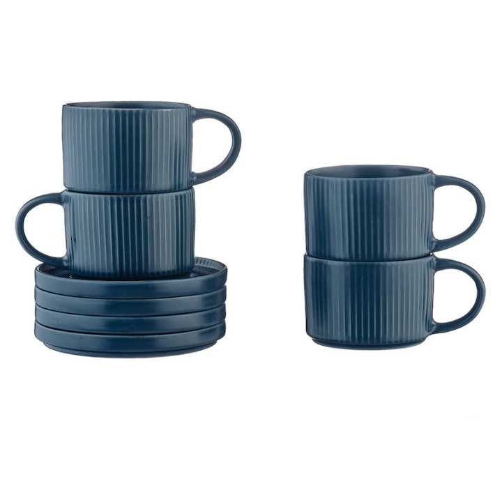 Set 4 Cesti de cafea espresso cu farfurioara, SCANDI Navy, ceramica, 150ml, albastru marin