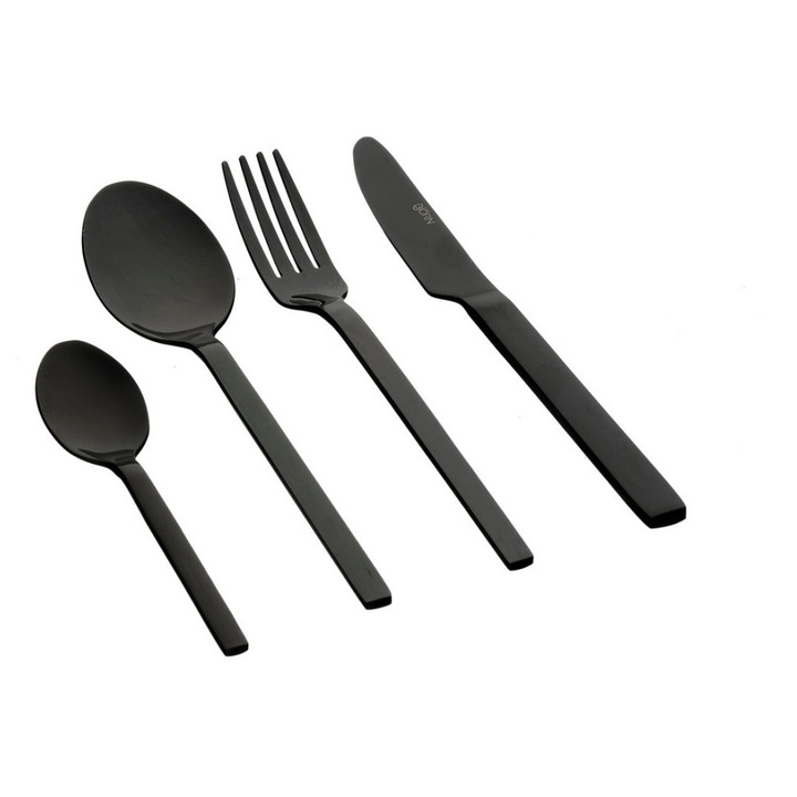 Set 24 Tacamuri inox EMUND, 6 persoane, 6 x Cutite, 6 x Linguri, 6 x Furculite, 6 x Lingurite, Otel inoxidabil, design drept elegant, Negru lucios