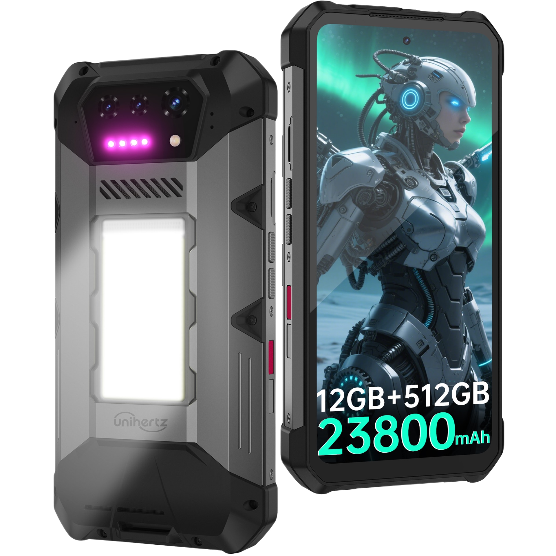 Telefon mobil Unihertz Hike, Dual SIM, 4G, Octa-Core Helio G200, 6.79' 120Hz FHD+, 24GB RAM, 512GB, Lanterna Puternica SOS 1200 lumeni, 23800mAh, 120W, NFC, Android 15