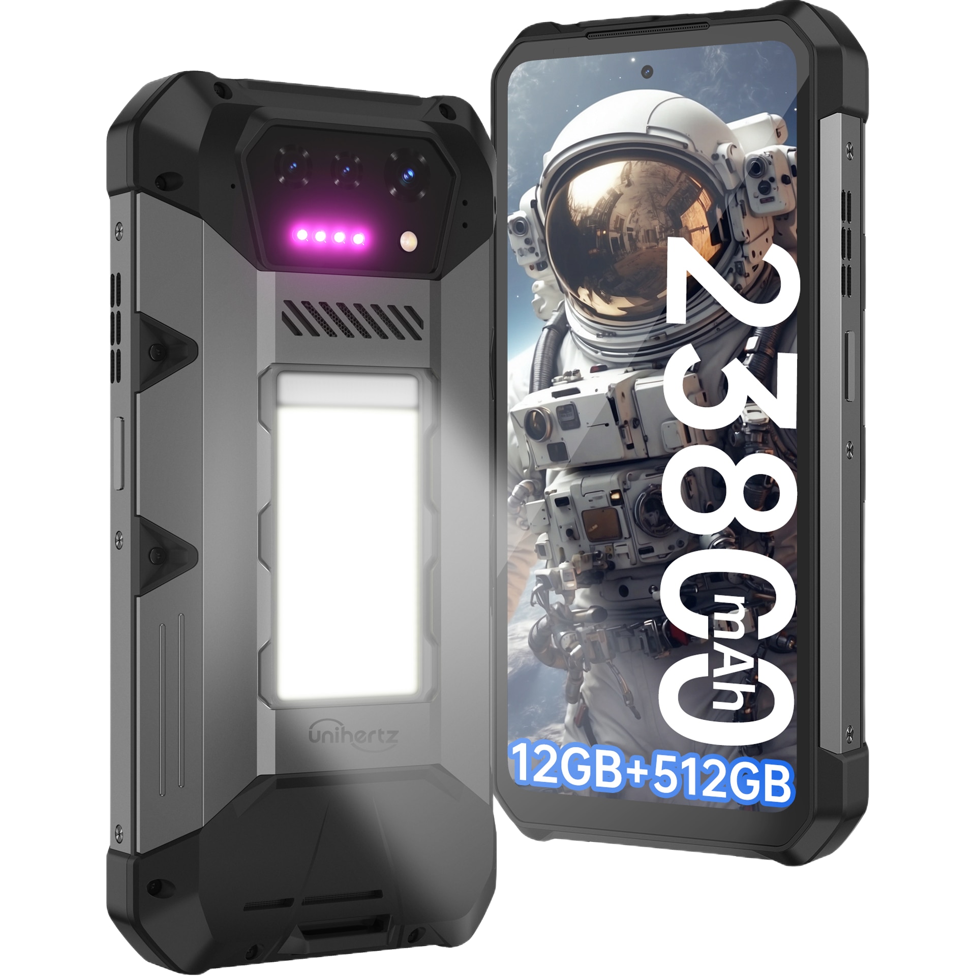 Telefon mobil Unihertz Hike, Dual SIM, 4G, Octa-Core Helio G200, 6.79' 120Hz FHD+, 24GB RAM, 512GB, Lanterna Puternica SOS 1200 lumeni, 23800mAh, 120W, NFC, Android 15