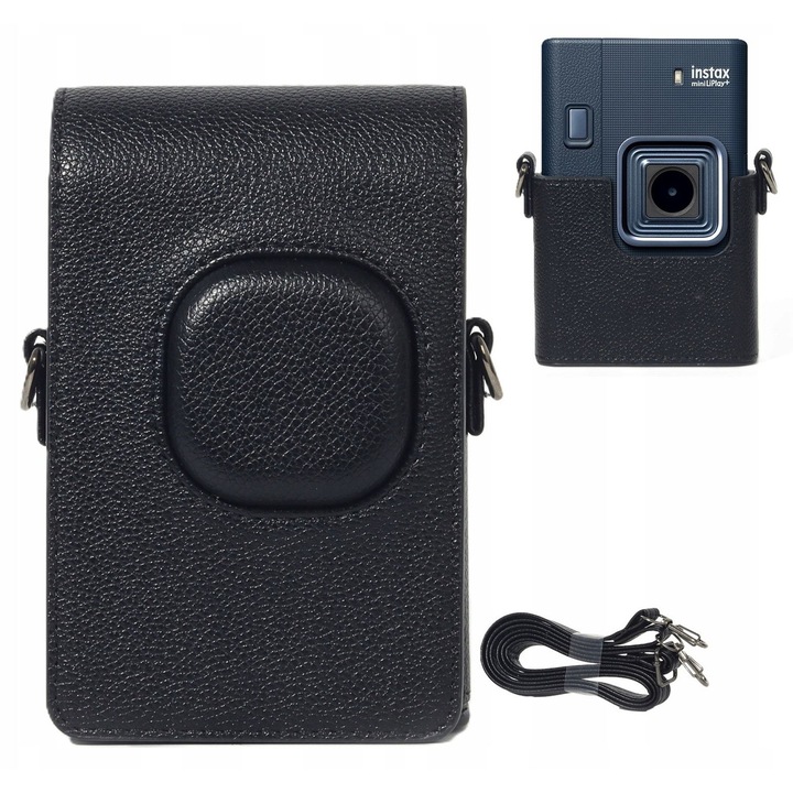 Husa de protectie, Love Instant, pentru Fujifilm Instax Mini LiPlay+, neagra, piele ecologica, clapa magnetica, curea de umar inclusa, design minimalist, constructie usoara, decupaje precise pentru nasturi, dedicata Instax Mini