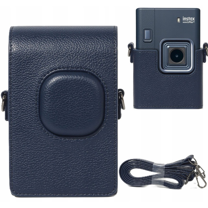 Husă de protecție LoveInstant pentru Fujifilm Instax Mini LiPlay+, bleumarin, piele ecologică, set cu curea de umăr, dimensiuni 14, 5x9x4, 5cm
