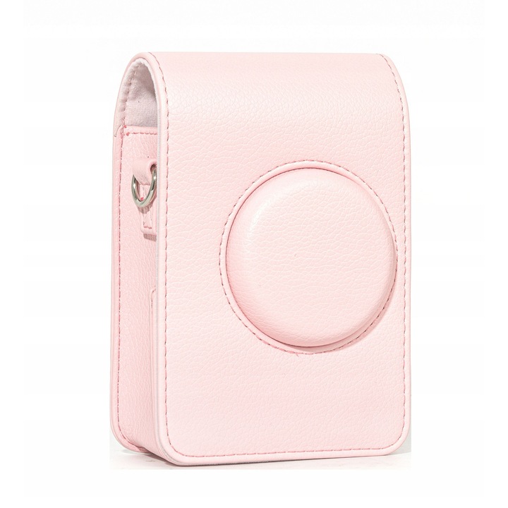 Husă LoveInstant pentru Fujifilm Instax Mini Evo, verticală, piele ecologică, roz deschis, set cu curea de gât reglabilă