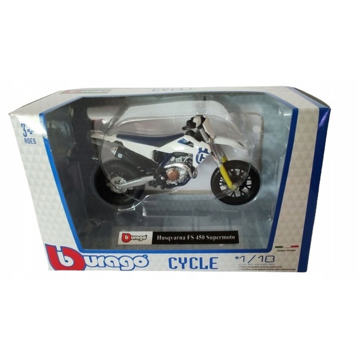 Gyűjtői motorkerékpár Bburago HUSQVARNA FS 450 Supermoto 1:18, fém és műanyag, 17x11x7cm