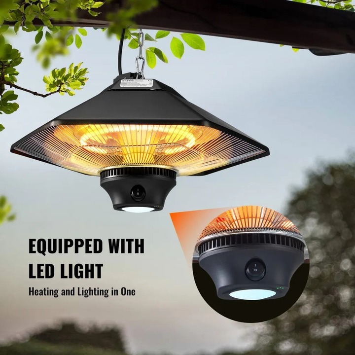 Incalzitor electric infrarosu de tavan, 2000 W, pentru exterior/interior, cu telecomanda, protectie IP34, cablu de tragere si lant reglabil