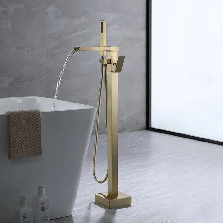 Baterie Freestanding Cada Cu Cascada, Podea, Cadru Patrat, Auriu Periat, FN05-BG