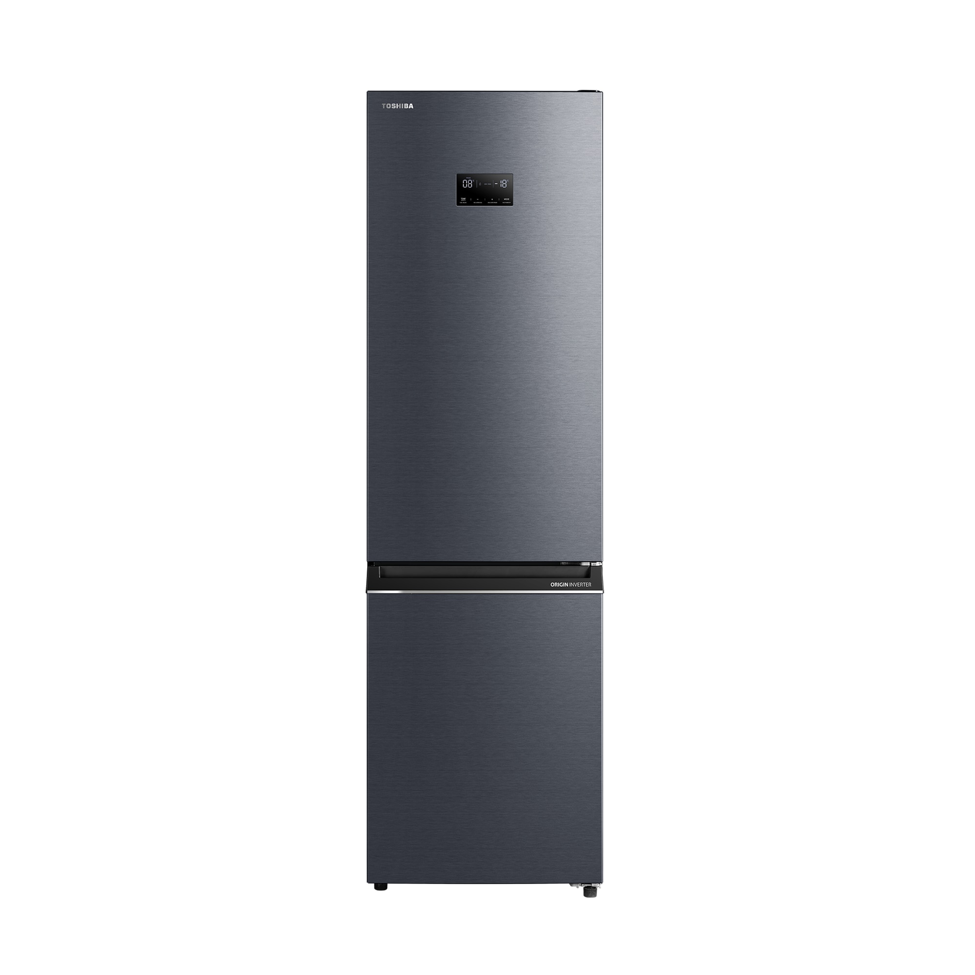 Combina frigorifica Toshiba, clasa energetica E, volum net total 378 litri (256+122L), no frost, afisaj LED, control electronic al temperaturii, iluminare interior LED, culoare Morandi Grey