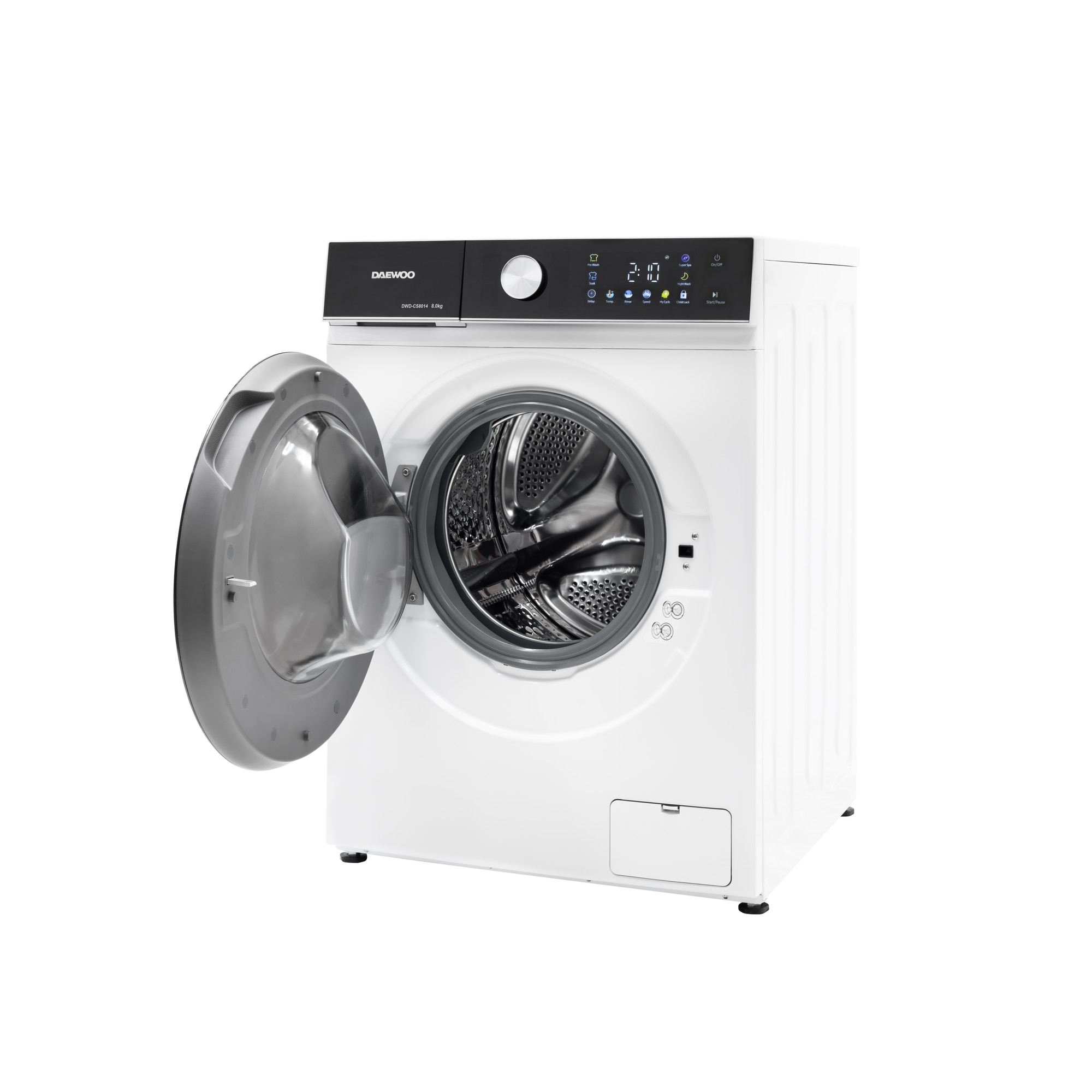 Masina de spalat rufe Daewoo, 8 kg, motor inverter, 1400 rpm, clasa A-30%, 16 programe, butoane touch, panou de control negru cu pictograme colorate, usa dubla neagra (PC Cover), culoare Alb