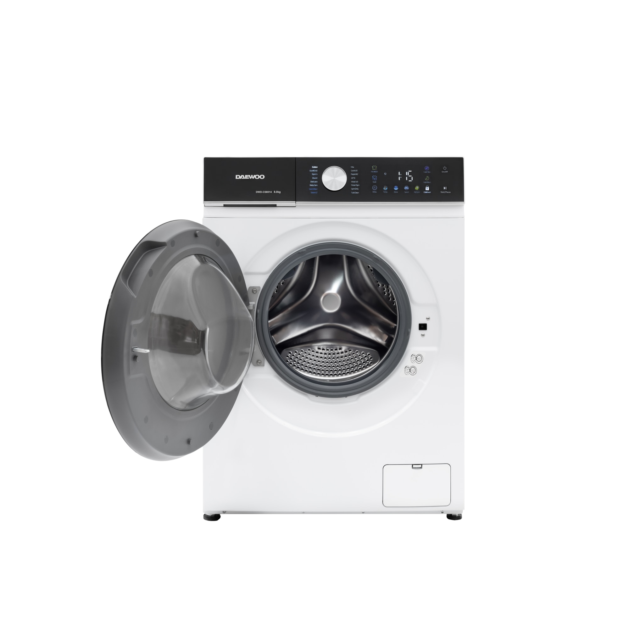 Masina de spalat rufe Daewoo, 8 kg, motor inverter, 1400 rpm, clasa A-30%, 16 programe, butoane touch, panou de control negru cu pictograme colorate, usa dubla neagra (PC Cover), culoare Alb