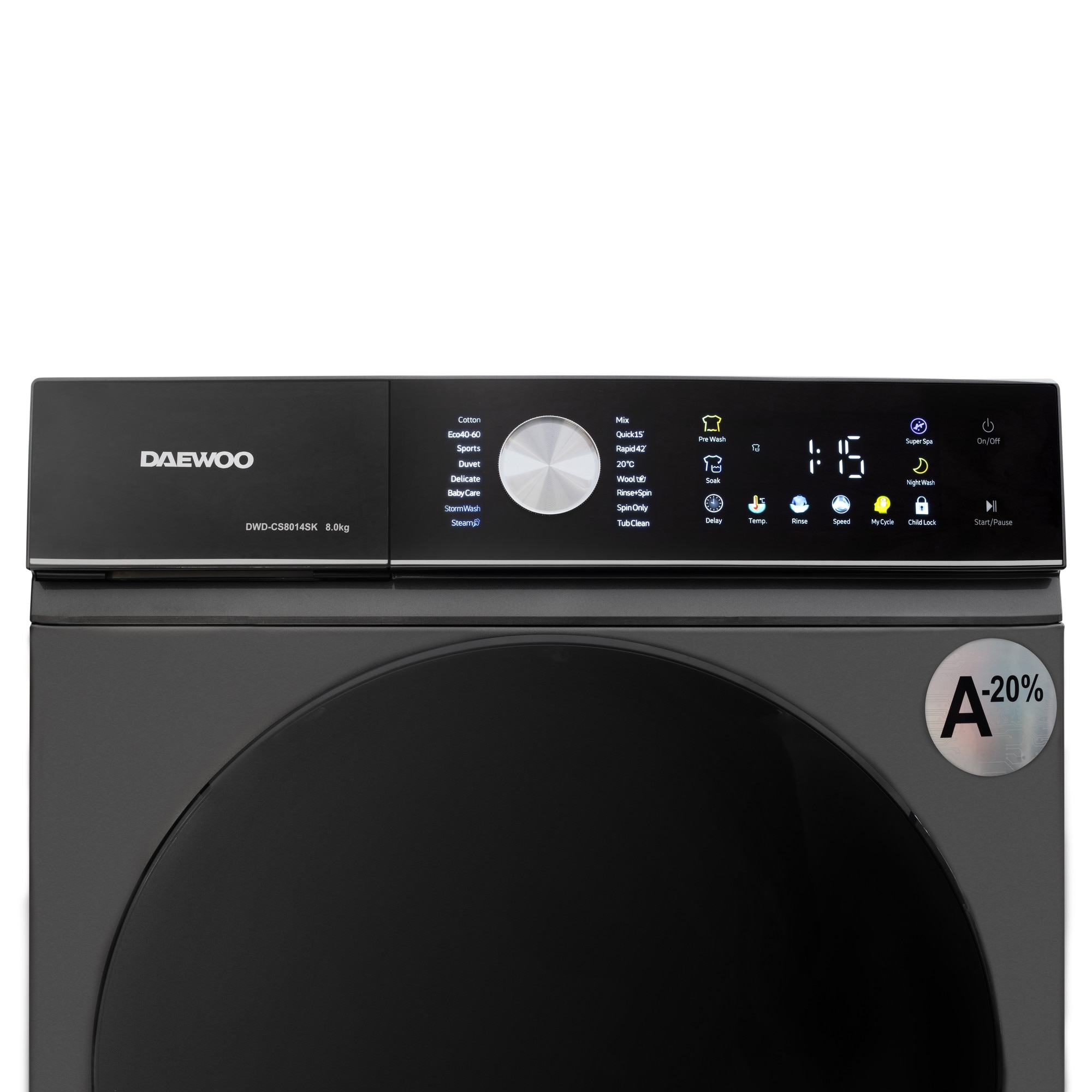 Masina de spalat rufe Daewoo, 8 kg, motor inverter, 1400 rpm, clasa A-30%, 16 programe, butoane touch, panou de control negru cu pictograme colorate, usa dubla neagra (PC Cover), culoare Silver