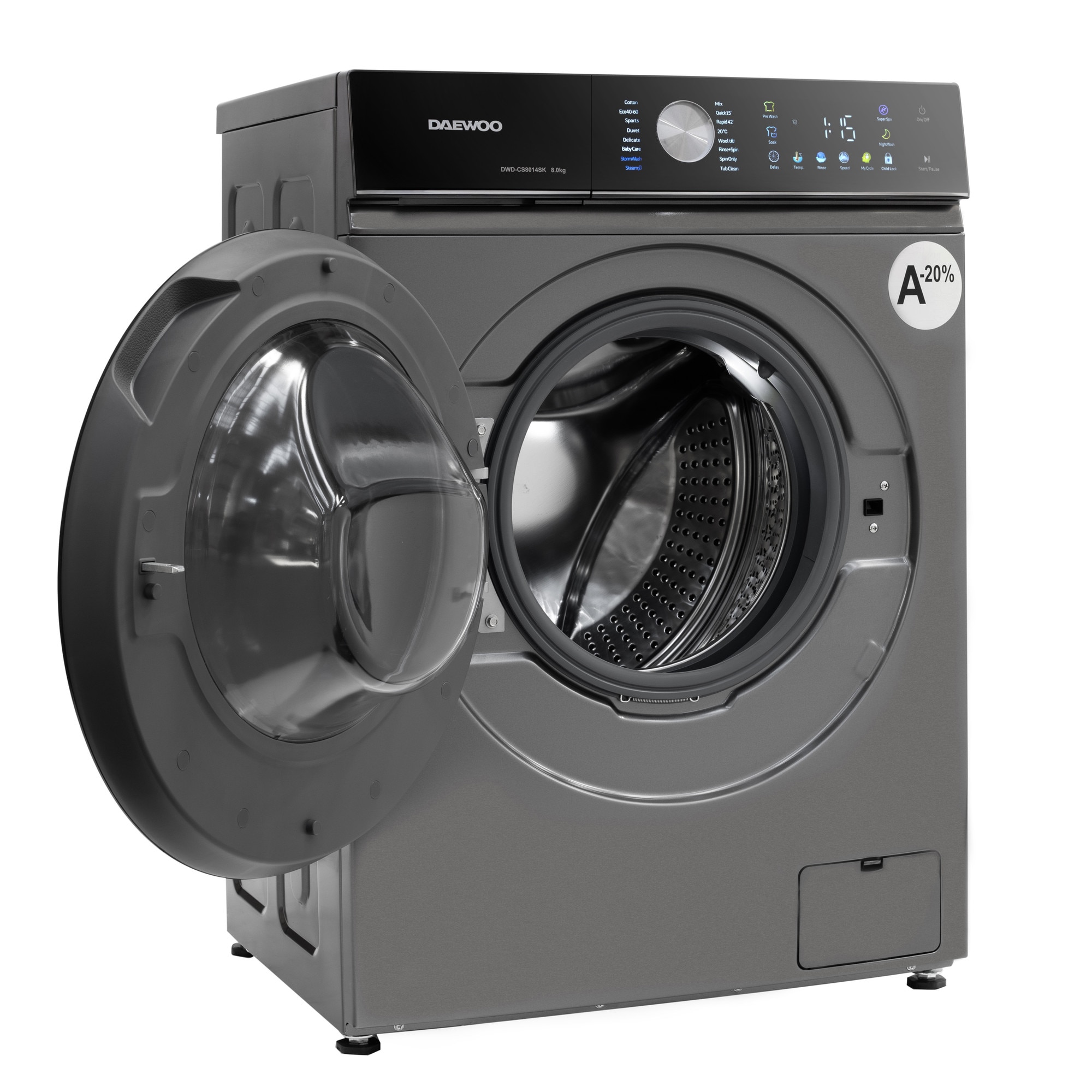 Masina de spalat rufe Daewoo, 8 kg, motor inverter, 1400 rpm, clasa A-30%, 16 programe, butoane touch, panou de control negru cu pictograme colorate, usa dubla neagra (PC Cover), culoare Silver