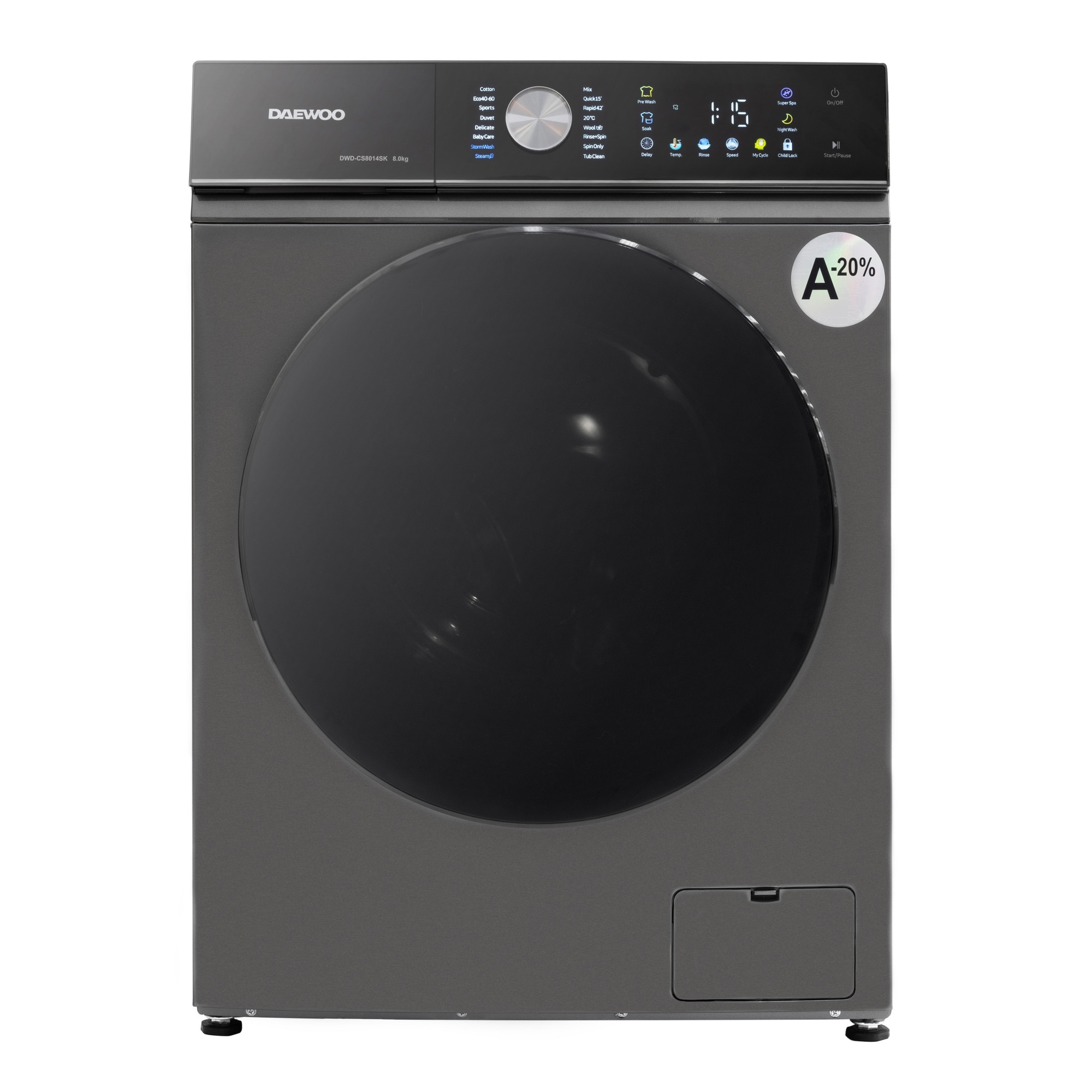 Masina de spalat rufe Daewoo, 8 kg, motor inverter, 1400 rpm, clasa A-30%, 16 programe, butoane touch, panou de control negru cu pictograme colorate, usa dubla neagra (PC Cover), culoare Silver