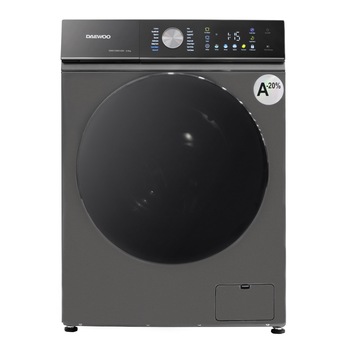 Masina de spalat rufe Daewoo, 8 kg, motor inverter, 1400 rpm, clasa A-30%, 16 programe, butoane touch, panou de control negru cu pictograme colorate, usa dubla neagra (PC Cover), culoare Silver