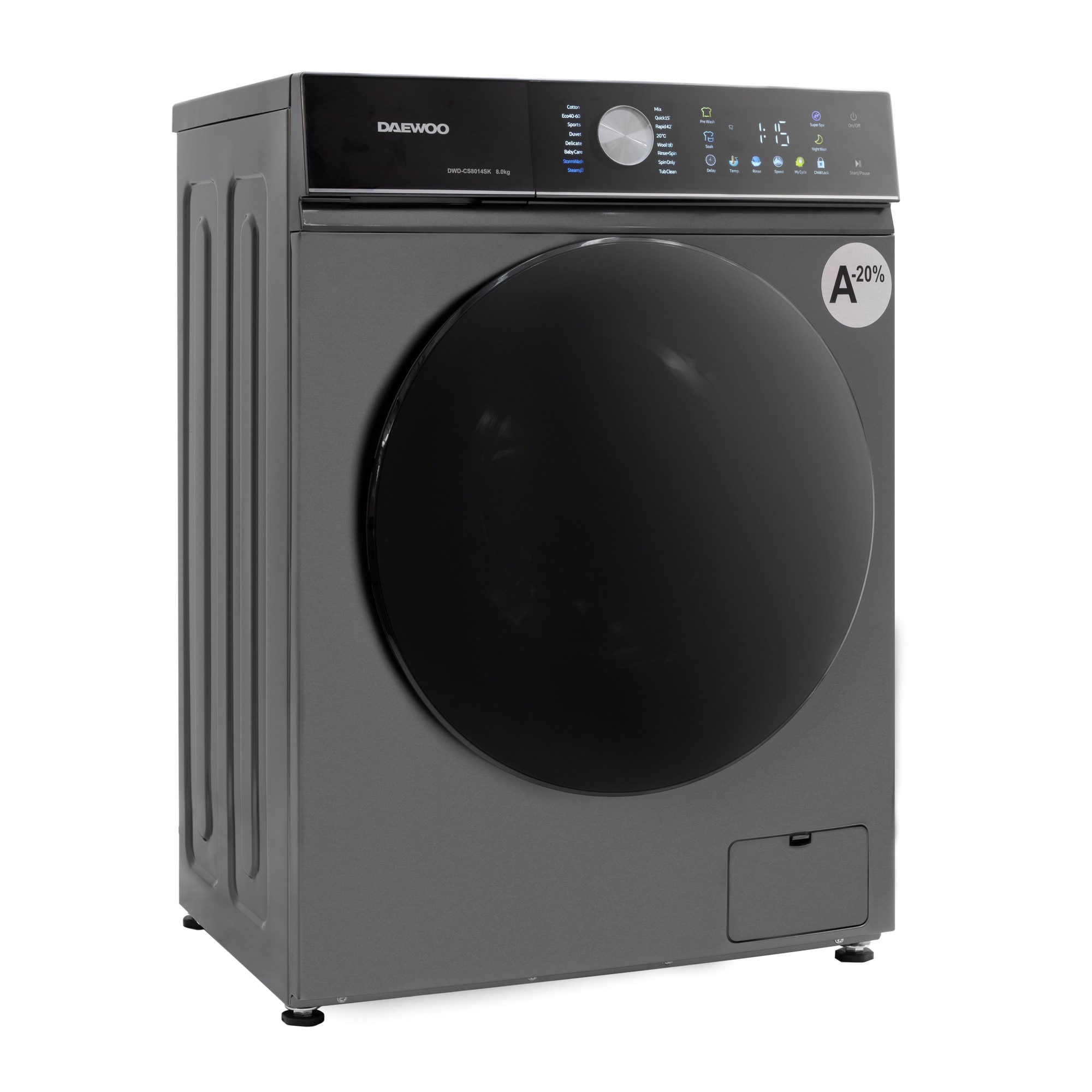 Masina de spalat rufe Daewoo, 8 kg, motor inverter, 1400 rpm, clasa A-30%, 16 programe, butoane touch, panou de control negru cu pictograme colorate, usa dubla neagra (PC Cover), culoare Silver