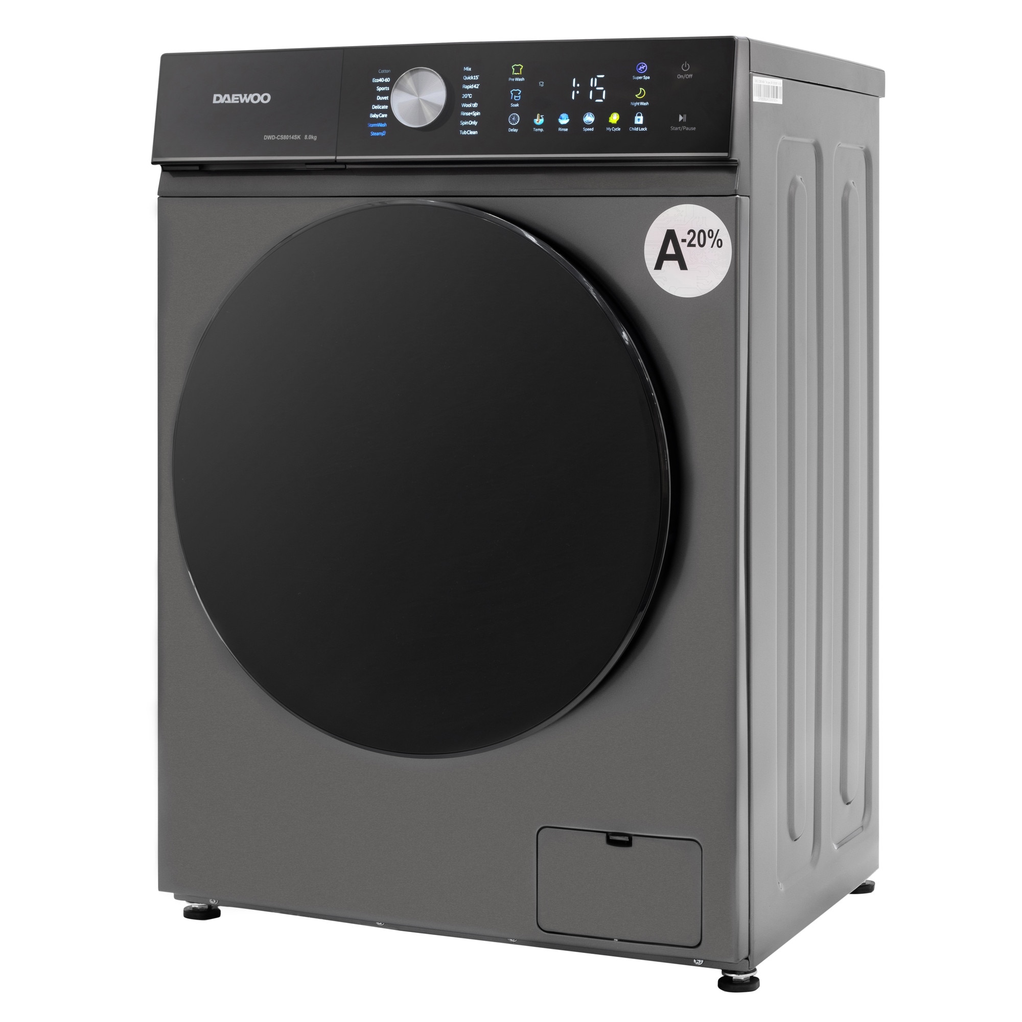 Masina de spalat rufe Daewoo, 8 kg, motor inverter, 1400 rpm, clasa A-30%, 16 programe, butoane touch, panou de control negru cu pictograme colorate, usa dubla neagra (PC Cover), culoare Silver