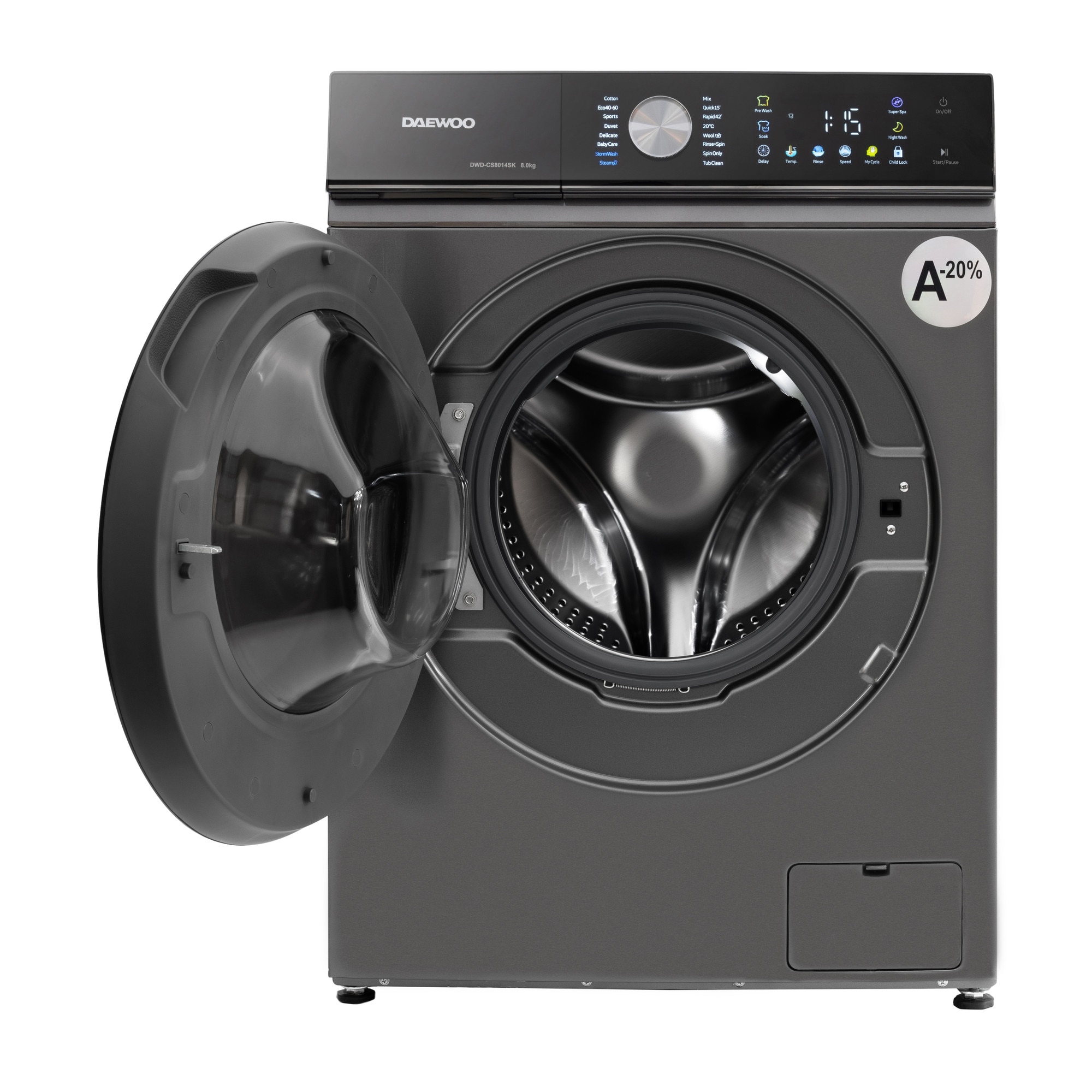 Masina de spalat rufe Daewoo, 8 kg, motor inverter, 1400 rpm, clasa A-30%, 16 programe, butoane touch, panou de control negru cu pictograme colorate, usa dubla neagra (PC Cover), culoare Silver