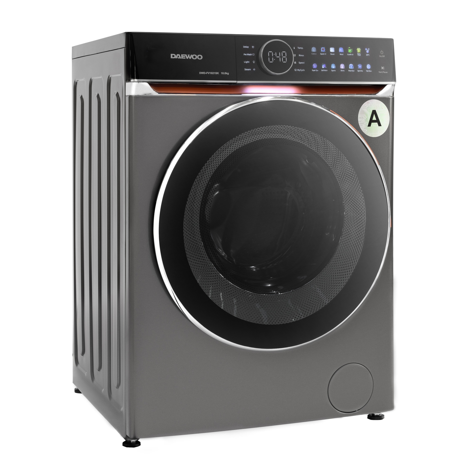 Masina de spalat rufe Daewoo, 10 kg, motor DIRECT DRIVE inverter, 1400 rpm, clasa A, 14 programe, panou de control touch cu pictograme colorate, buton rotativ cromat cu display in interior, usa dubla neagra (PC Cover), culoare Silver