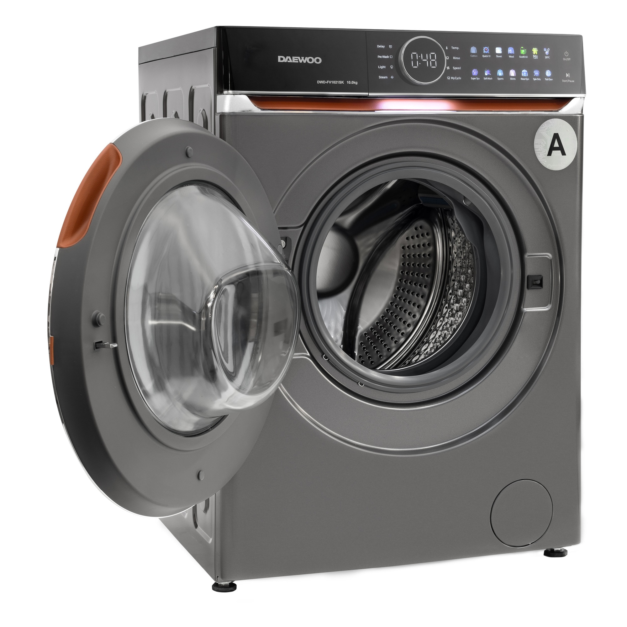 Masina de spalat rufe Daewoo, 10 kg, motor DIRECT DRIVE inverter, 1400 rpm, clasa A, 14 programe, panou de control touch cu pictograme colorate, buton rotativ cromat cu display in interior, usa dubla neagra (PC Cover), culoare Silver