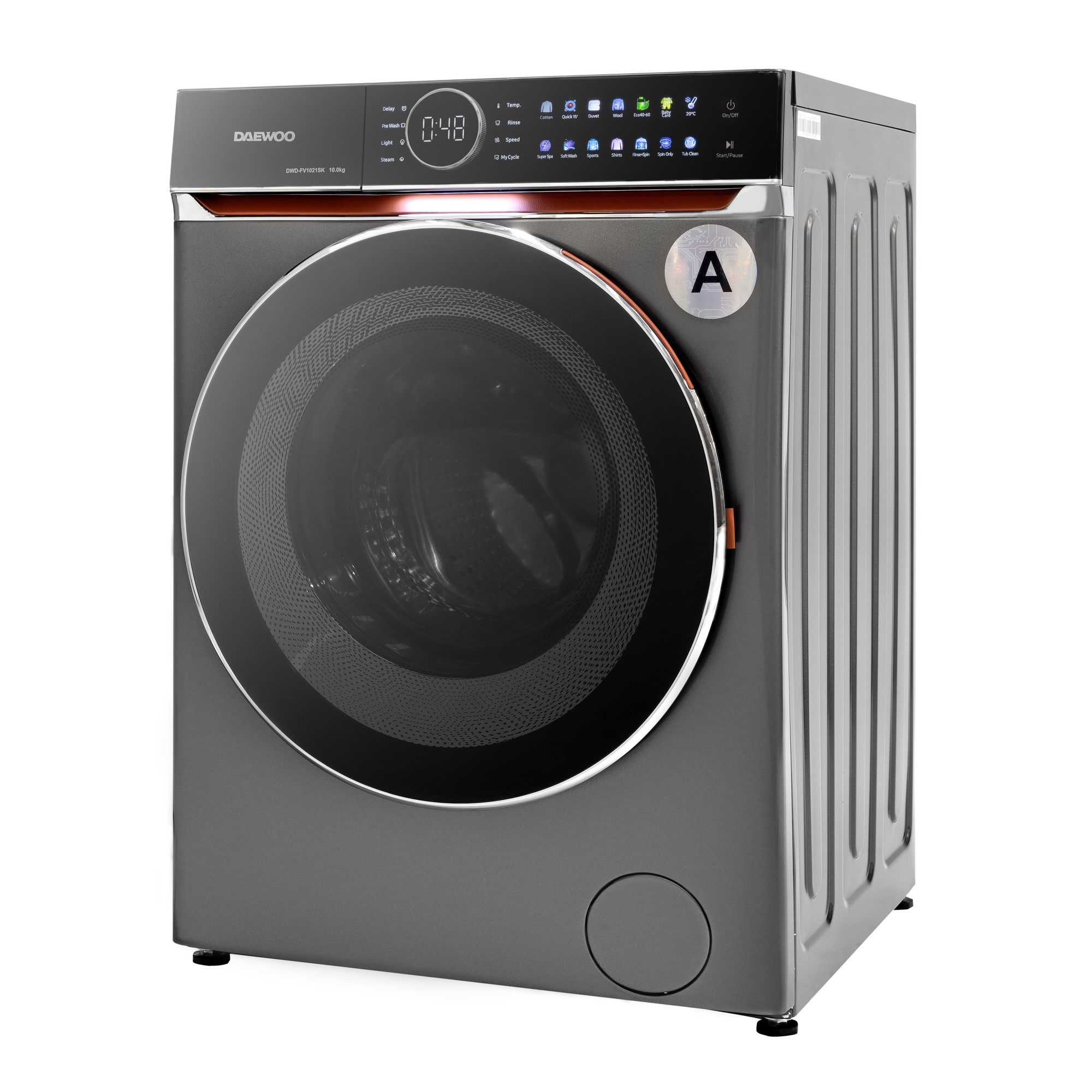 Masina de spalat rufe Daewoo, 10 kg, motor DIRECT DRIVE inverter, 1400 rpm, clasa A, 14 programe, panou de control touch cu pictograme colorate, buton rotativ cromat cu display in interior, usa dubla neagra (PC Cover), culoare Silver