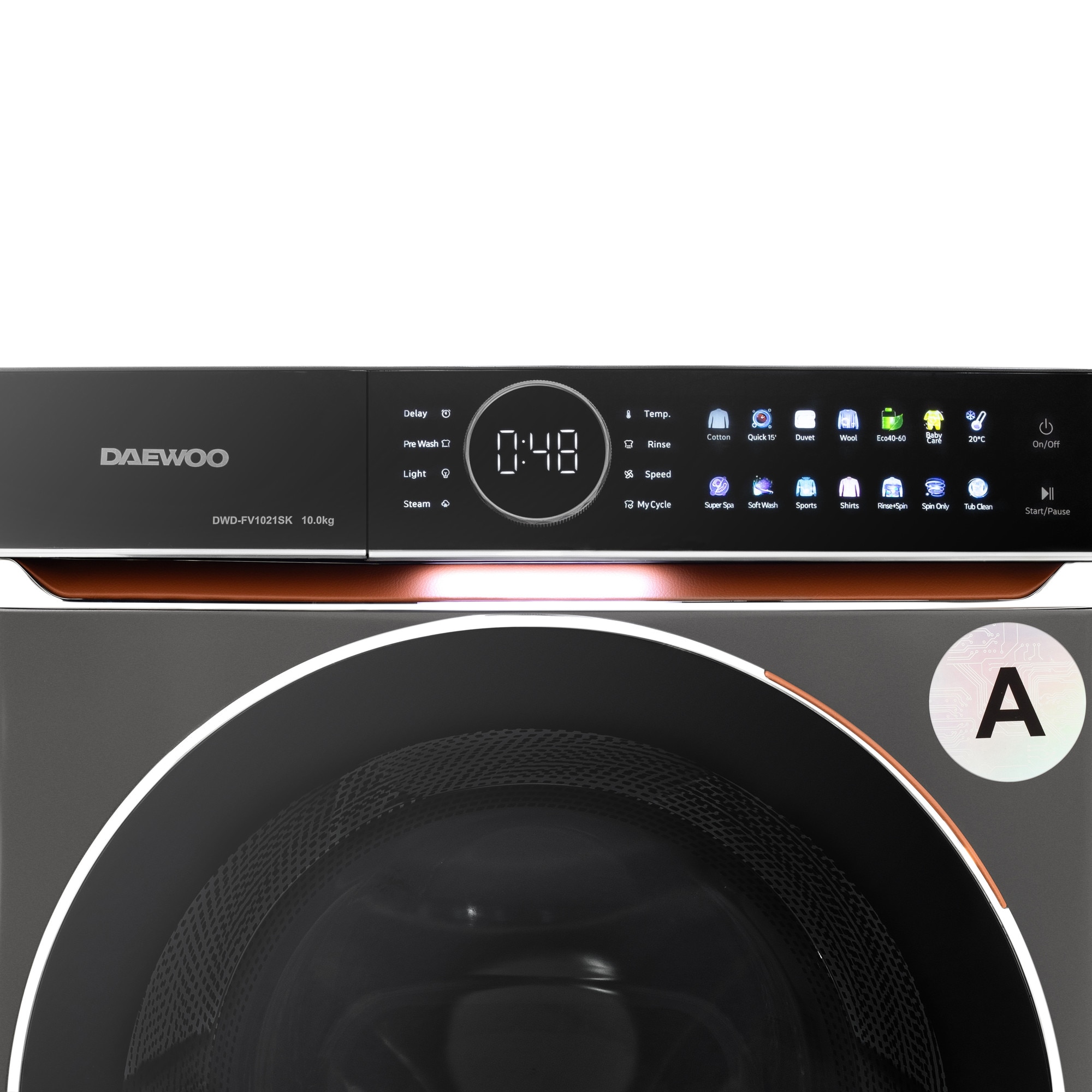 Masina de spalat rufe Daewoo, 10 kg, motor DIRECT DRIVE inverter, 1400 rpm, clasa A, 14 programe, panou de control touch cu pictograme colorate, buton rotativ cromat cu display in interior, usa dubla neagra (PC Cover), culoare Silver