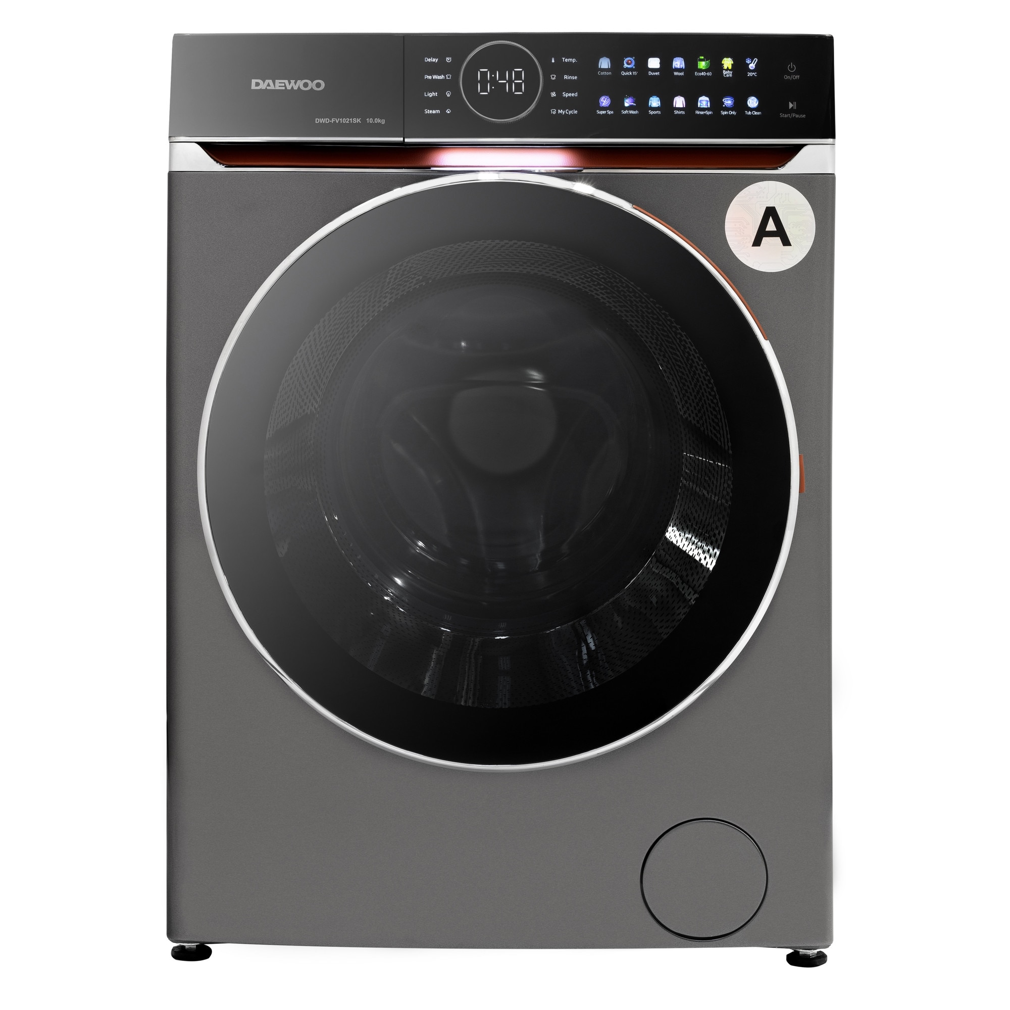 Masina de spalat rufe Daewoo, 10 kg, motor DIRECT DRIVE inverter, 1400 rpm, clasa A, 14 programe, panou de control touch cu pictograme colorate, buton rotativ cromat cu display in interior, usa dubla neagra (PC Cover), culoare Silver