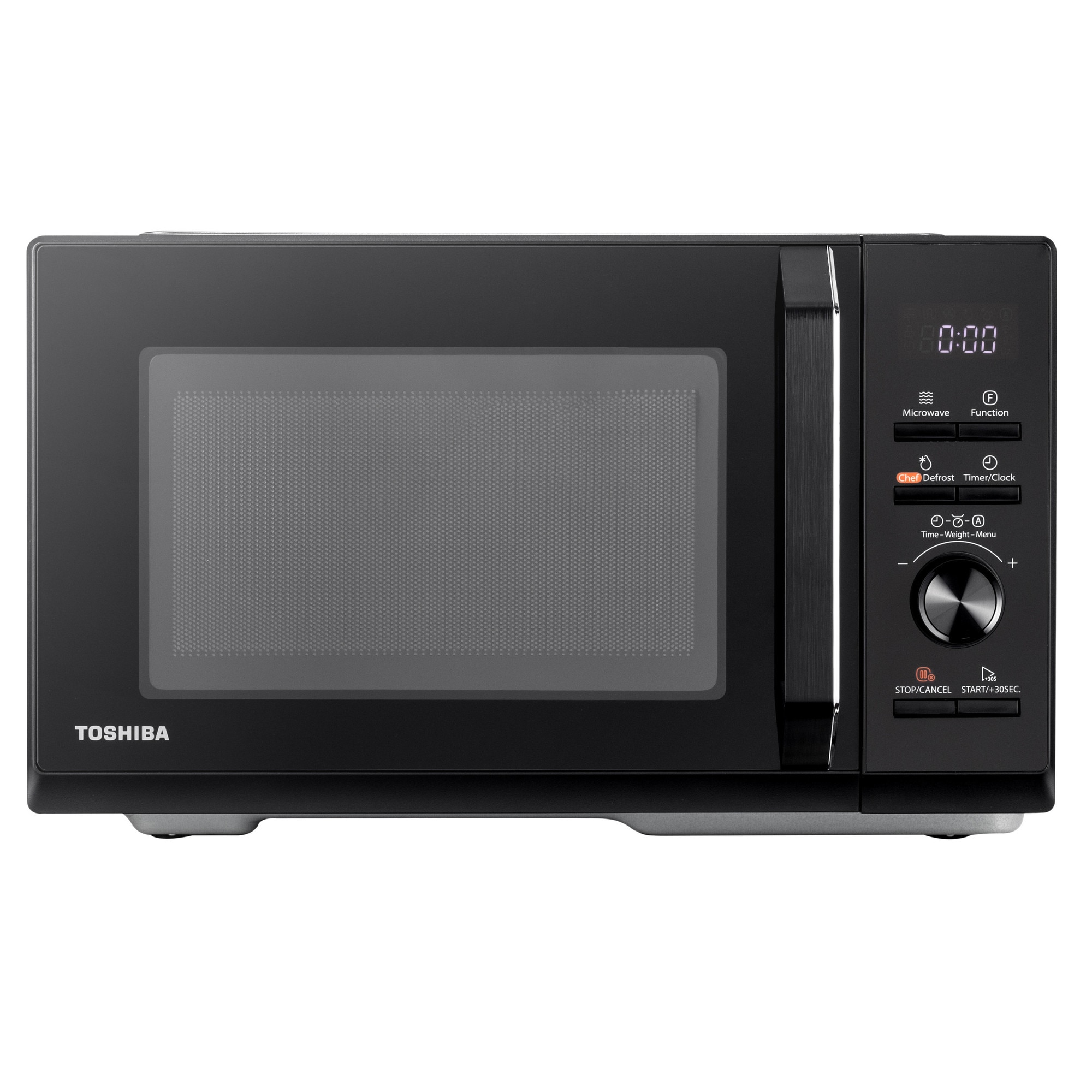 Cuptor cu microunde Toshiba 25L, model digital, Putere 900W, 5 nivele de putere, functie Grill, 7 retete predefinite, diametru platou 288 mm, culoare negru