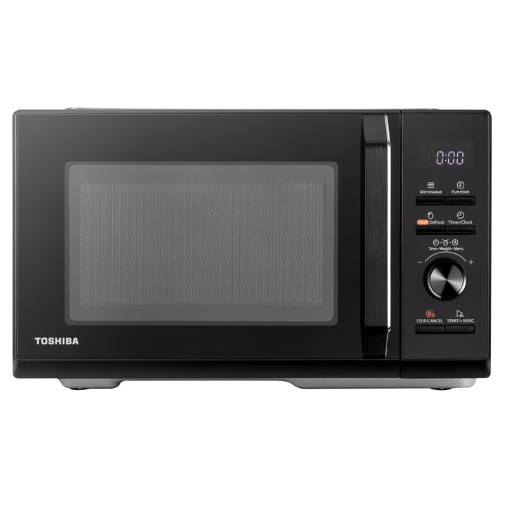Cuptor cu microunde Toshiba 25L, model digital, Putere 900W, 5 nivele de putere, functie Grill, 7 retete predefinite, diametru platou 288 mm, culoare negru