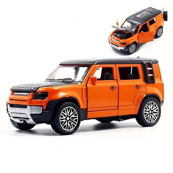 Jucarie macheta masina metalica model Defender, Die-Cast, 13 cm / 1:32 scara, Usi Functionale, Mecanism Pull-Back, Culoare Portocaliu cu Negru, Model SUV Off-Road pentru expus sau joaca