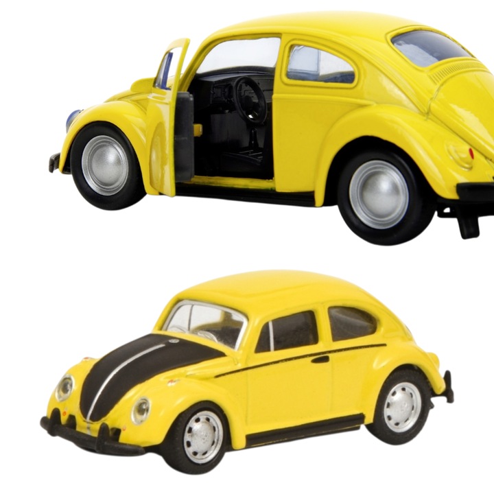 Jucarie macheta masinuta Metalica Tip Beetle, Scara 1:32, Usi si Capota Functionale, Lumina LED in Faruri, Mecanism Pull-Back, Model Clasic Retro, Culoare galben Lucios