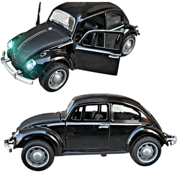 Masinuta Metalica Tip Beetle, Scara 1:32, Usi si Capota Functionale, Lumina LED in Faruri, Mecanism Pull-Back, Model Clasic Retro, Culoare Negru Lucios