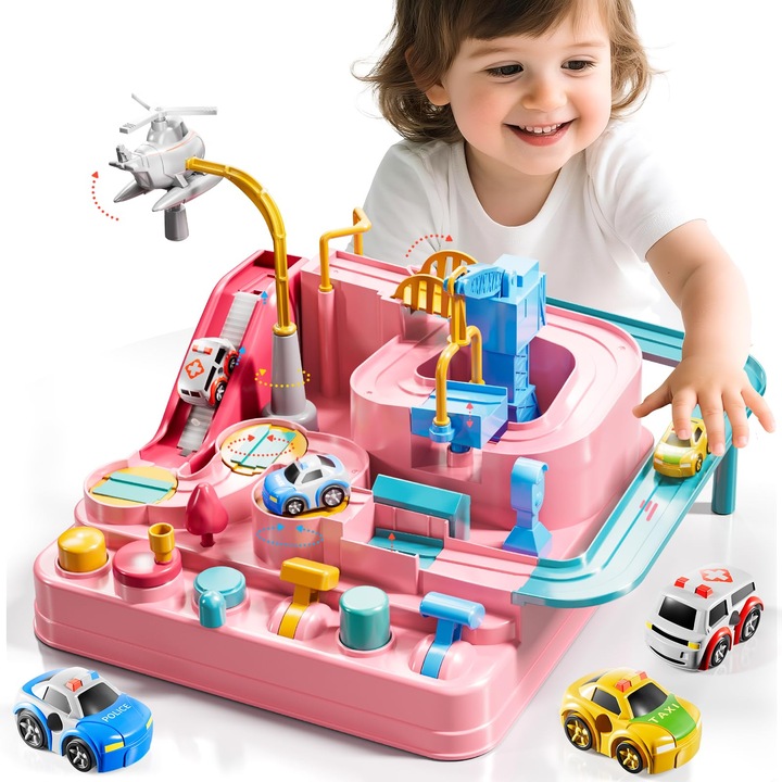 Set Pista de Masini Traseu cu Obstacole Jucarie Interactiva, MorFansi®, Elemente Mobile, Butoane Control, 3 Masinute, 23x23x18 cm, 3 ani+, Roz